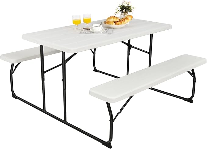 Giantex 4.5 FT Folding Picnic Table Bench Set- Outdoor Dining Set for 4-6 Persons w/All-Weather HDPE Tabletop, Metal Leg, Large Outside Dining Table for Lawn Patio Garden Yard Poolside, White