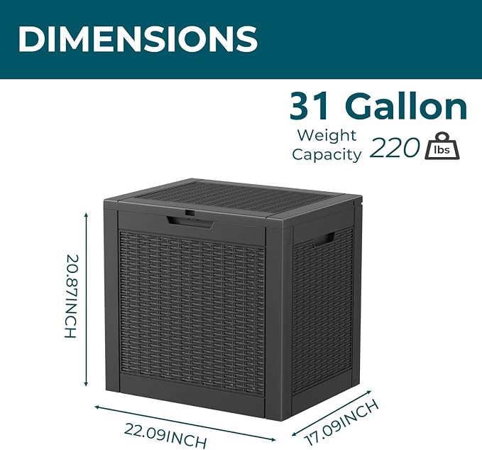 Vixzen 31 Gallon Outdoor Storage Box Waterproof, Lockable Outdoor Deck Box for Patio Cushions, Garden Tools, Pool Supplies (Black, 31 Gallon)