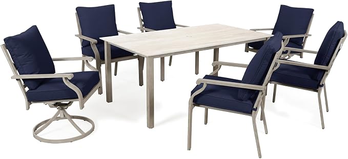 7-Piece Patio Dining Set, White Food-Grade Sintered Stone Dining Table with Umbrella Hole, 4 Dining Chairs and 2 Swivel Chairs with Blue Removable Thickened Cushions for Garden Lawn Yard