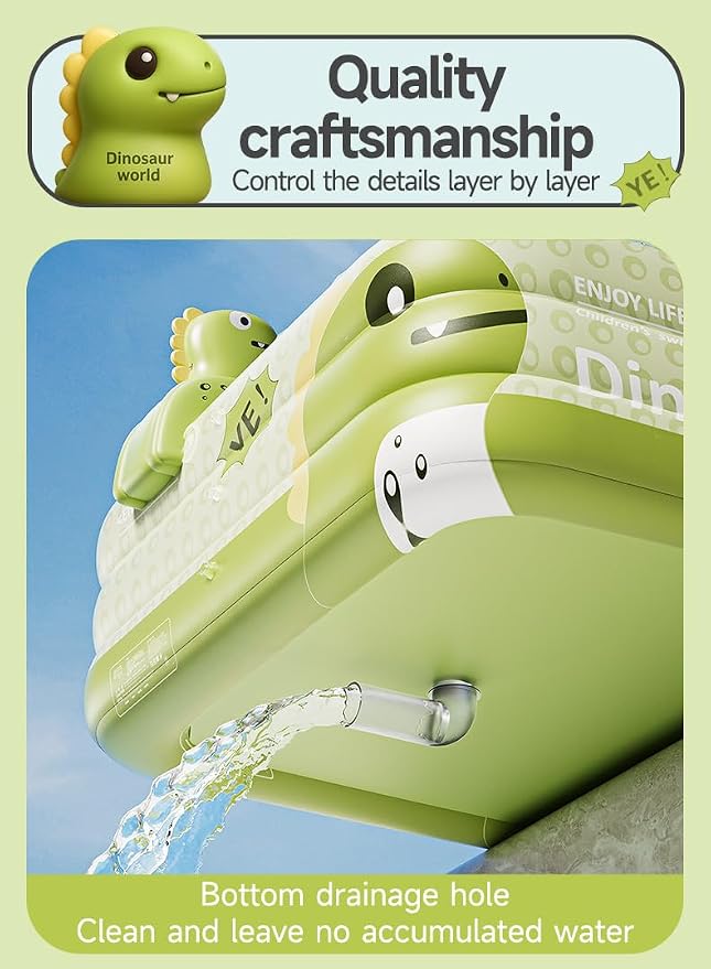 Rectangular Family Inflatable Swimming Pool,Green Dinosaur,118.1 inches 3-Layers PVC Inflatable Walls, Outdoor Backyard