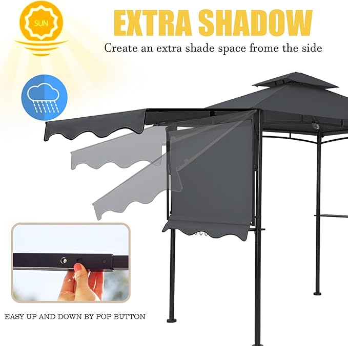 FAB BASED 5x8 Grill Gazebo with Extra Awning, All-Weather Steel Construction, Double Tiered & Resistant Canopy Roof, Metal Serving Shelves, 2 LED, Bottle Opener for Patio, Backyard, BBQ (Dark Gray)