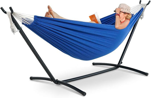 Lazy Daze Hammocks Double Hammock with 9ft Space-Saving Steel Stand Includes Portable Carrying Case, 450 Pounds Capacity (Dark Blue)