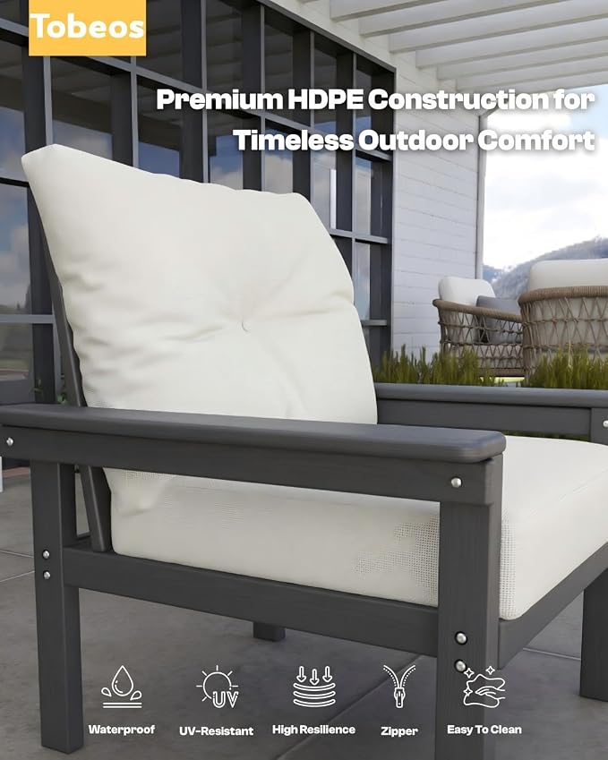HDPE 7 Piece Patio Furniture Set, All-Weather Outdoor Couch Set with Thick Cushions & Coffee Table & Side Table, Patio Conversation Sets for Lawn, Garden, Porch, Balcony, Deck, Grey & Beige