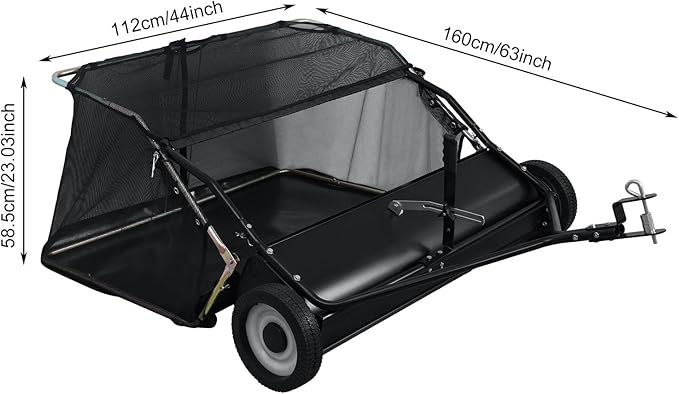 44 Inch Tow Behind Lawn Sweeper, Yard Sweepers, Grass Sweeper Tow Behind with 25 Cu Ft Hopper, Adjustable Brush Height Leaf Sweeper for Lawn Tractor, Yard Cleanup Black 44