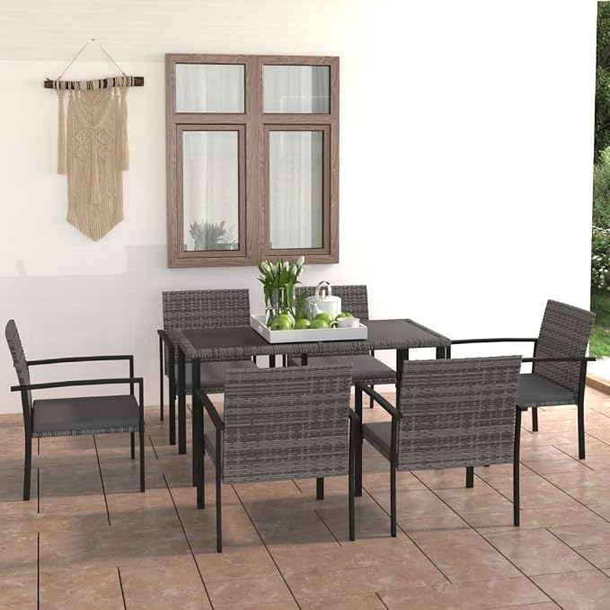 7 Piece Poly Rattan Patio Dining Set Gray | Steel Frame, Weather Resistant PE Rattan, Removable Seat Cushions, Lightweight