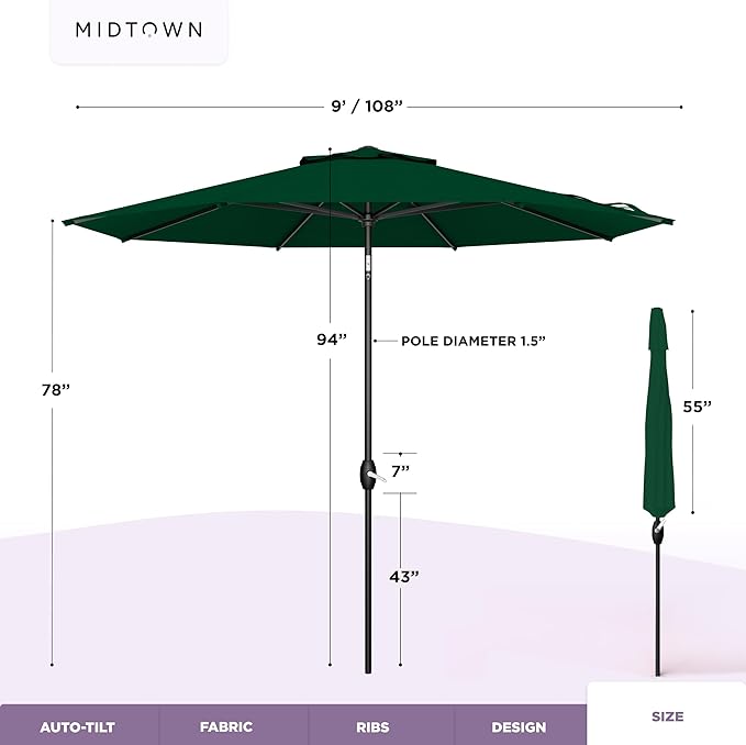 Midtown Umbrellas – The Lean 9 Ft Patio Umbrella with 10-Year-No-Fade Acrylast Acrylic Fabric, Auto-Tilt and 8 Reinforced Ribs for Deck, Pool, Garden, Hotel & Cafes – Forest Reserve Canopy, Black Pole