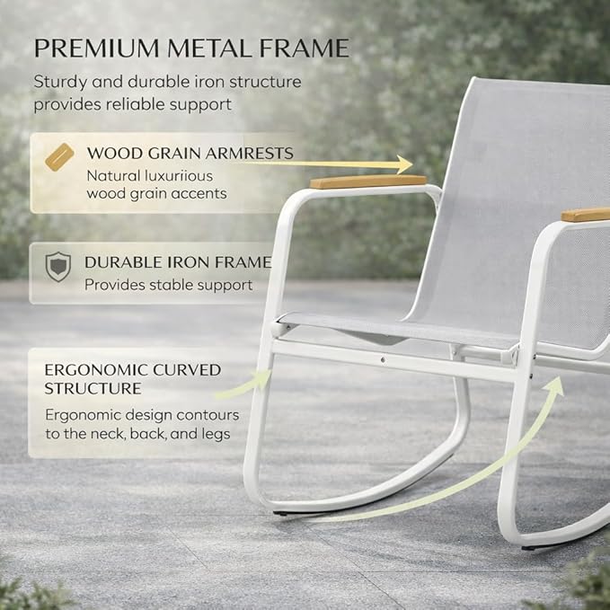 Kozyard 3 Piece Rocking Chair Set, Outdoor Rocking Textilene Bistro Set with Wooden Armrests, Outdoor Patio Furniture Set with Glass Table for Lawn, Porch, Yard, Garden, Balcony, Poolside White