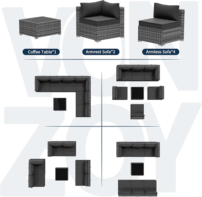 Outdoor Patio Furniture Set 7 Pieces Sectional Rattan Sofa Set, PE Wicker Patio Conversation Set with 6 Seat Cushions and 1 Tempered Glass Table and Furniture Cover, Black