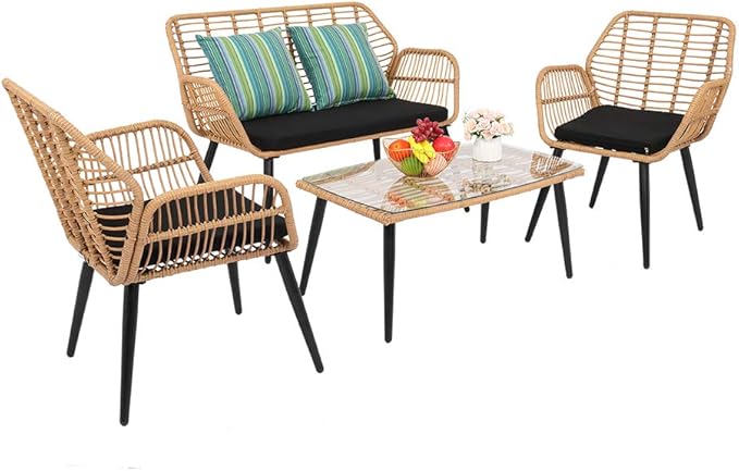 VINGLI 4 Pieces Outdoor Furniture Set Wicker, Rattan Patio Conversation Set with Cushions and Glass Coffee Table, Outdoor Sectional Sofa Set for Garden, Backyard, Poolside