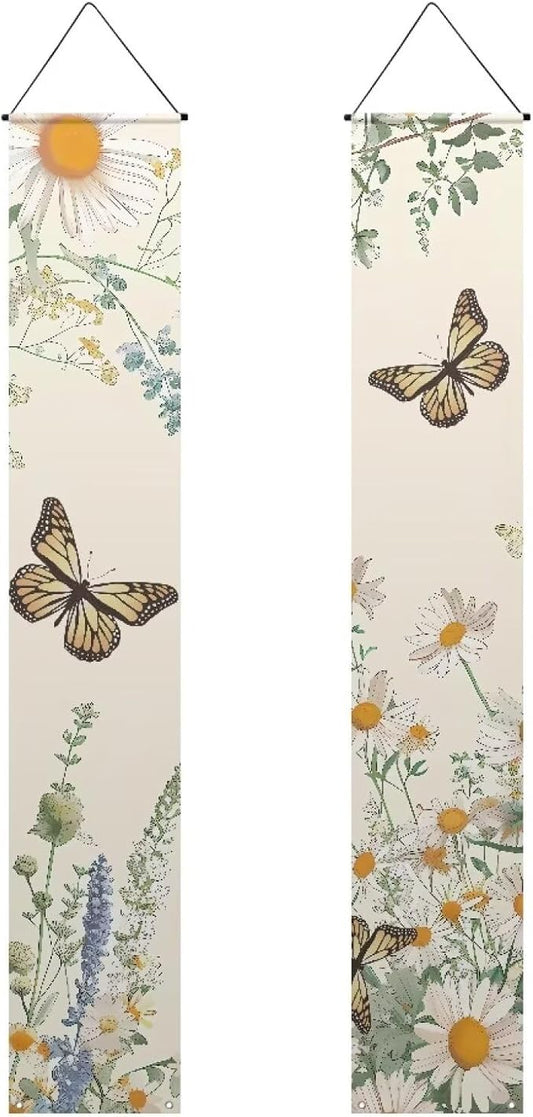 Butterfly Front Door Hanging Banner Daisy Summer Porch Sign Hanging Flag Porch Sign for Front Door Outdoor Seasonal Holiday Wedding Yard Decor Farmhouse Indoor Wall Backdrop