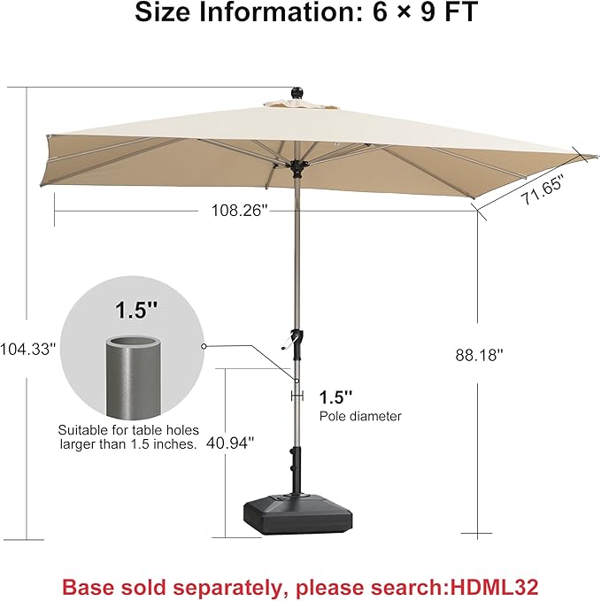 PURPLE LEAF 6' x 9' Rectangle Outdoor Umbrella for Patio with Tilt Adjustment, Patio Table Umbrella for 3 Year Fade Resistant, Aluminum Pool Market Umbrella for Deck, Garden, Patio, Poolside or Lawn