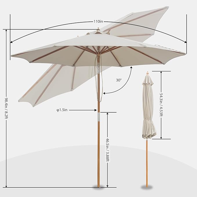 9FT/10FT Bamboo Patio Umbrella, Large Outdoor Umbrella with UPF 50+ Sun Protection, Rope Pulley Lift & Push-Button Tilt, 8-Rib Ventilated Canopy for Garden, Deck, Backyard & Outdoor Dining