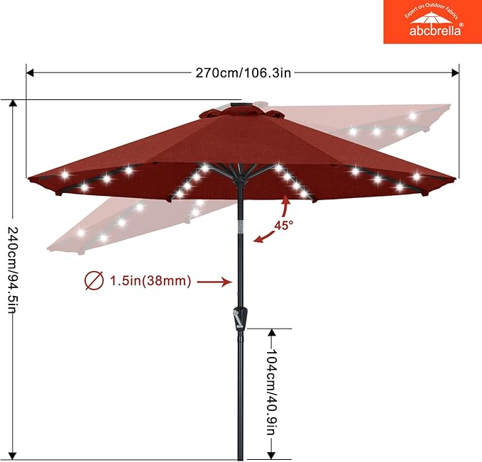 ABCCANOPY OLEFIN® 5-Year No Fading Patio Umbrella with Solar Lights (Burgundy)