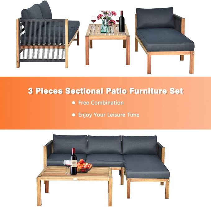 Giantex 3 Piece Outdoor Patio Furniture Set, Acacia Wood Sectional Sofa w/Seat Cushions, Wooden Conversation Seat Couches and Coffee Table, Cushioned Garden Sofa Set for Outdoor Indoor (Grey)