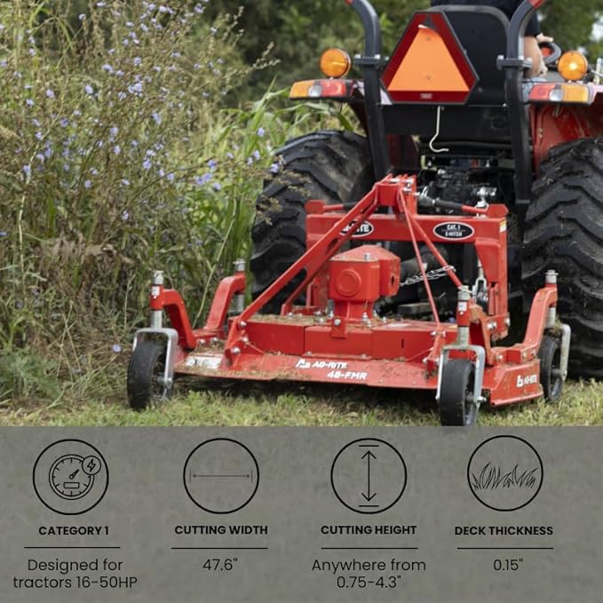 48" Finishing Mower Heavy-Duty 3-Point Hitch Mower for Tractors 16-50 HP, 47.6" Cutting Width, Adjustable 0.75-4.3" Height, 3 Blades, PTO Driven, Category 1 & 2 Compatible