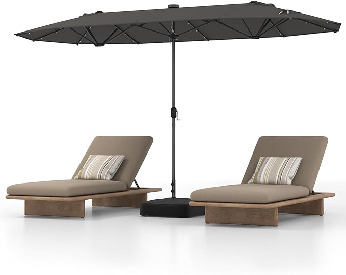 HAPPYGRILL Double-Sided Patio Umbrella with Solar Lights, 13FT Large Umbrella with Base Included, Crank Handle, Market Twin Table Umbrella for Outdoor Backyard Garden Poolside
