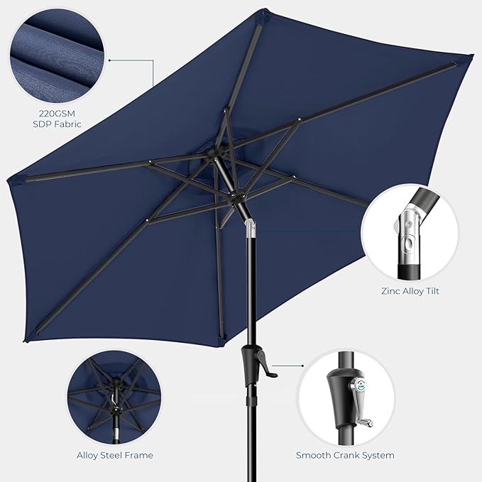 HOMSHADE 9ft Outdoor Patio Umbrella - Market Table Pool Deck Umbrella UPF50+ UV Protection with Push Button Tilt, Crank and 8 Sturdy Ribs (Navy Blue, No base)