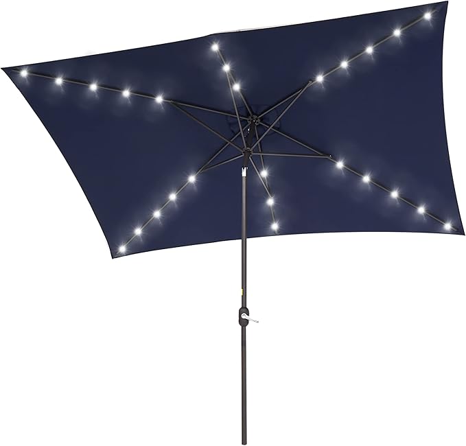 Rectangle Patio Umbrella with Solar Lights, 10 x 6.5ft Rectangular Outdoor Umbrella Table Market Patio Umbrella with Push Button Tilt and Crank for Garden, Deck, Backyard, Pool