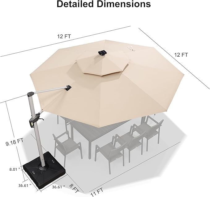 PURPLE LEAF 12ft Patio Umbrella With Base Solar powered LED Cantilever Umbrella with LED lights Windproof Outdoor Offset Umbrella for Garden Deck Pool Patio, Beige