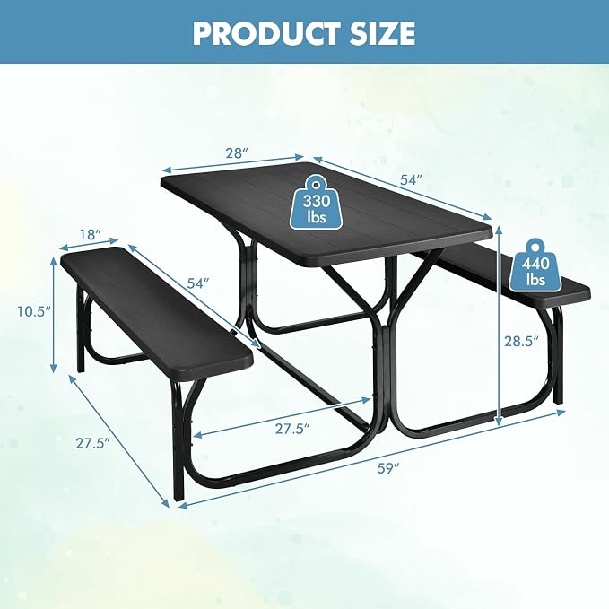 ORALNER Picnic Table, Resin Dining Table & 2 Benches Set, Weather Resistant Wood Grain Tabletop & Steel Frame, Plastic Picnic Tables for Outdoors, Porch Yard Patio Lawn Party Camping (Black)