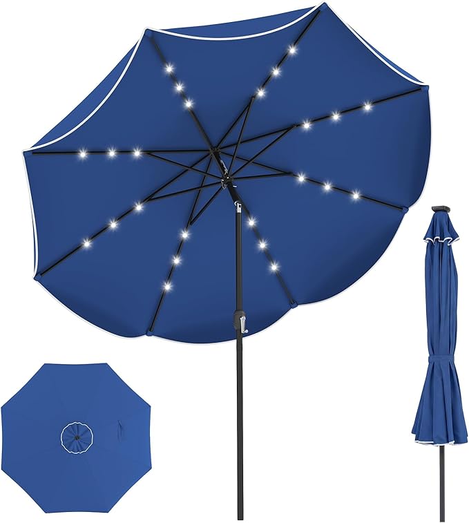 Tangkula 10 FT Solar Patio Umbrella, 2-Tiers Outdoor Scalloped Table Umbrella with 24 LED Lights, Tilt Adjustment, Crank, 8 Ribs for Market Backyard Pool Deck Beach Lawn (Navy)