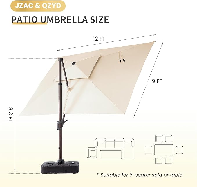 JZAC & QZYD 9x12 FT Outdoor Cantilever Patio Umbrella with Base Included and LED Lights, Large Heavy Duty 2-Tier Aluminum Offset Umbrellas with 360-Degree Rotation for Pool Deck, Beige