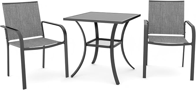 Anmutig 3-Piece Outdoor Dining Set, Small Metal Bistro Table with 2 Stackable Sling Chairs, 27.5 x 27.5 Inch Square Table, Grey Fabric