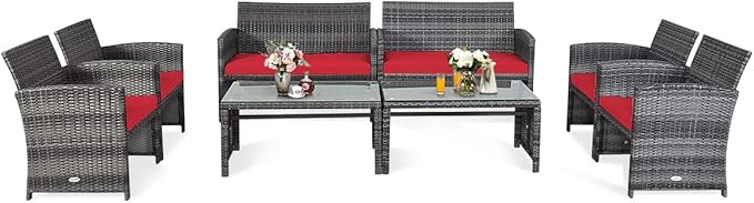 COSTWAY Patio Furniture Set 8 Pieces, Outdoor Wicker Chairs Sofa w/Coffee Table and Soft Cushions, Rattan Conversation Sets for Patio Lawn Backyard Yard Pool Garden, Red