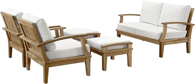Modway Marina Premium Grade A Teak Wood 5-Piece Outdoor Patio Furniture Set in Natural White