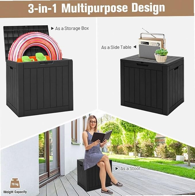 Black 30-Gallon PP Woodgrain Deck Box Outdoor Storage Seat with Waterproof Lid, 22x17x21in for Patio