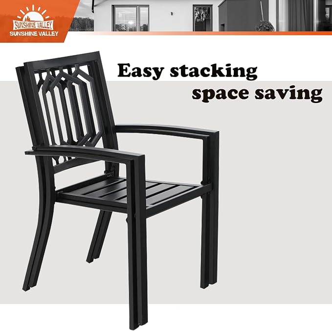 SUNSHINE VALLEY 7 Piece Patio Dining Set for 6, 67x38 Wood-Like Metal Table with Umbrella Hole and 6 Pcs Rust-Proof Stackable Chairs, Outdoor Table and Chairs Set for Backyard Garden Deck (Style 5)