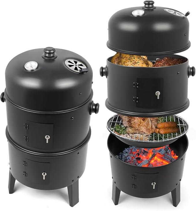 Charcoal BBQ Smoker, 16 Inch Heavy Duty Grill with 2 Cooking Area and Thermometer, 4 In 1 Vertical Smokers Grill for Outdoor Camping Backyard Picnic Party
