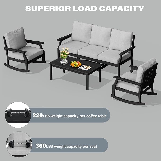 HDPE Patio Conversation Set, 6-Piece All Weather Outdoor Furniture Set with 2 Single Rocking Armchairs for Deck, Lawn, with Cushion, Black