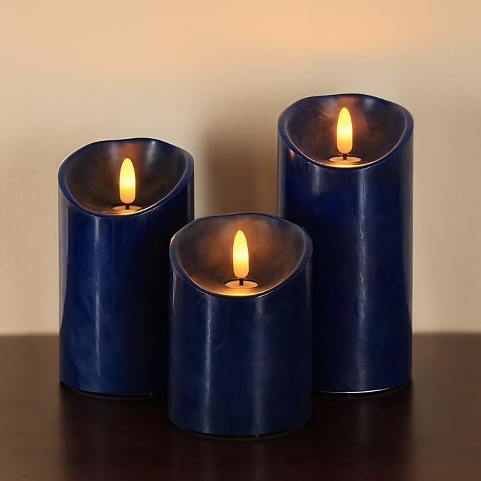 Navy Blue Flameless Candles with Remote Timer, Real Wax LED Candles Flickering, 3D Wick Fake Candles Candles Battery Operated for Home Living Room Wedding Party Gifts, Navy Blue Decor, Set of 3