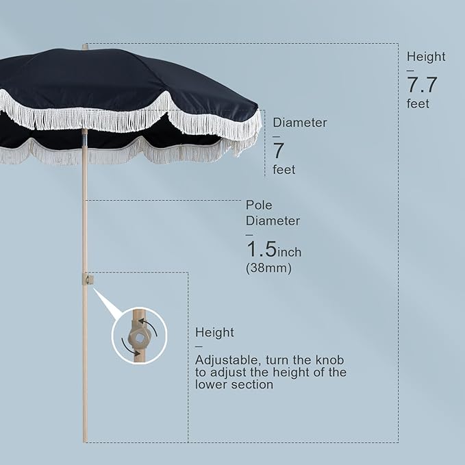 Tempera 7ft Boho Beach & Patio Umbrella with Fringe, Market Umbrellas with UPF 50+ UV & Water-Resistant Canopy, 1.5" Wood Pole & Button Tilt.