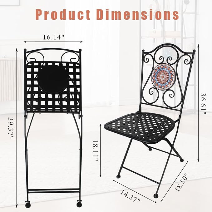 3 Piece Bistro Sets Mosaic Tile Round Table Folding Chairs Garden | Set of 3 Patio Furniture 23.6" Table and 2 Chairs Outdoor Bistro Chairs Artistic Table for Balcony Porch Apartment Backyard