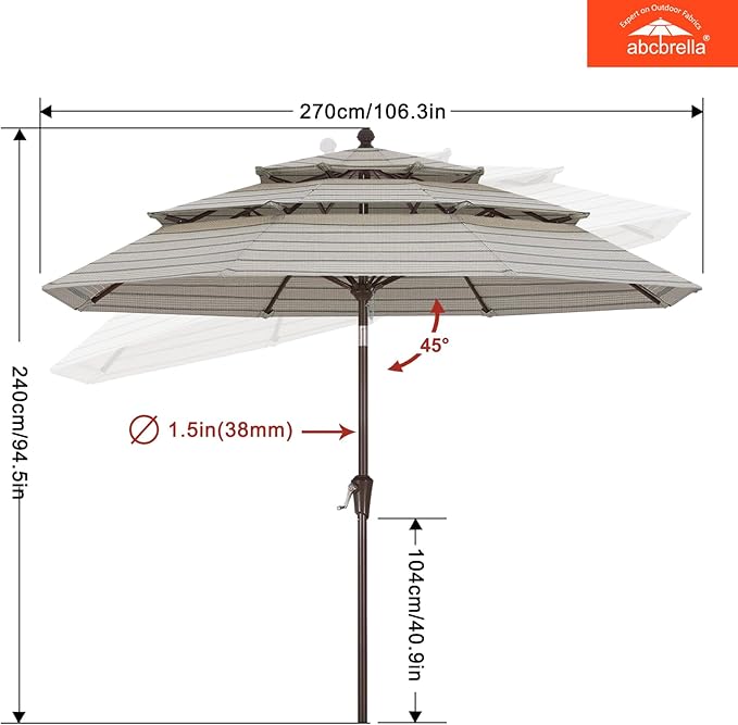 ABCCANOPY 5-Year 10-Year No Fading 9FT 3 Tiers Patio Umbrella, Outdoor Table Umbrella with 8 Sturdy Ribs for Deck, Backyard, Garden, Yard