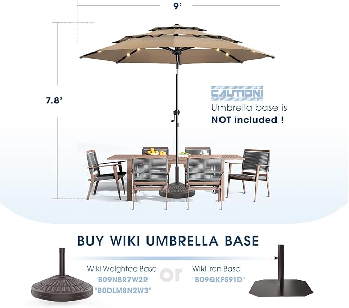 wikiwiki 9FT 3Tiers Solar Led Patio Umbrella, Sturdy Outdoor Market Umbrella for Deck, Pool, Garden w/Tilt, Crank, 32 LED Lights, Tan