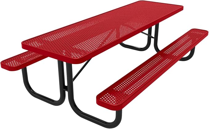COATEDOUTDOORFURNITURE Heavy-Duty Portable Outdoor Picnic Table, Thermoplastic Coated Punched Steel Commercial-Grade Patio Dining Furniture Made in America (8ft Rectangular, Textured Red)
