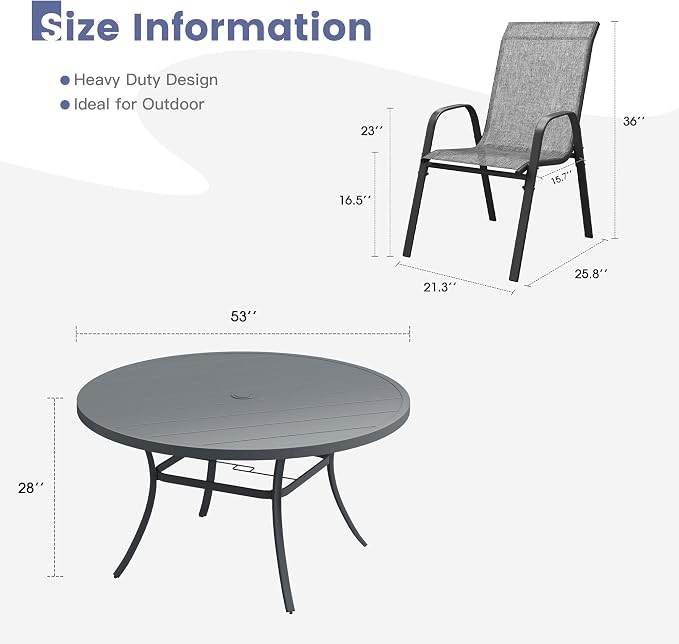 VICLLAX Round Patio Dining Set for 8, Metal Slatted Patio Table with Umbrella Hole and Stackable Patio Chairs for Deck Lawn Garden, Grey Fabric and Dark Grey Tabletop