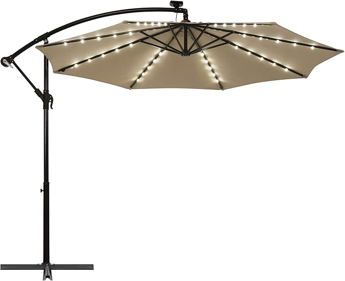 Tangkula 10 Ft Patio Offset Umbrella, 40 LED Lighted Market Umbrella W/8 Sturdy Ribs, Easy Tilt Adjustment & Crank, Polyester Shade, Ideal for Backyard, Garden, Seaside, Store, Pool (Tan)