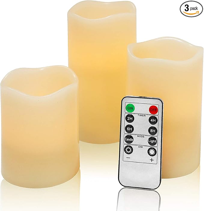 Flameless Flickering LED Battery Candles :Set of 3 Ivory Real Wax Pillar Operated Fake Faux Lights with Remote Control and Timer Function Flicker Candle for Decoration Christmas Votive Garden Outdoor