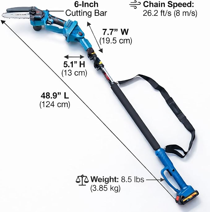 6 Inch Mini Chainsaw Cordless with Extension Pole, Portable Electric Pole Chainsaw with 2 Batteries and 2 Chains, Detachable Pole Handheld Chainsaw for Tree Trimming, Wood Cutting