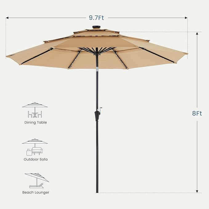 DUMOS LED Outdoor Patio Umbrella 10 FT UV-Resistant Market Umbrella with Tilt Adjustment & Crank Lift, All-Weather Shade for Backyard, Deck, Garden, Beach