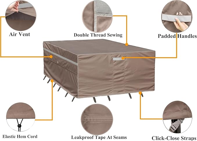 Heavy Duty Waterproof Patio Furniture Covers UV Resistant Rectangular Outdoor Table and Chair Covers 136"Wx 74"D x 28"H Brown