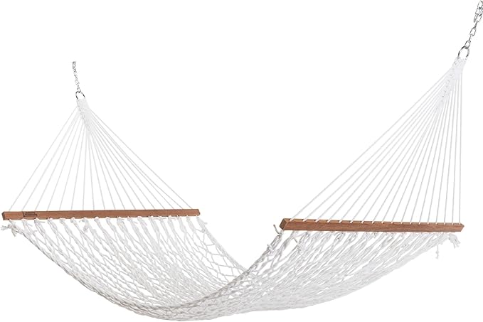 Hatteras Hammocks Deluxe White Duracord Rope Hammock with Free Extension Chains & Tree Hooks, Handcrafted in The USA, 450 LB Weight Capacity, 13 ft. x 60 in