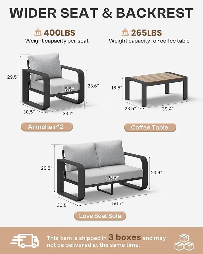 Aluminum Outdoor Patio Couch Loveseat, Oversized Patio Sofa with Widened Armrest & Ultra-Thick Cushions, Deep Seating Modern Patio Furniture for Backyard, Deck, Gray