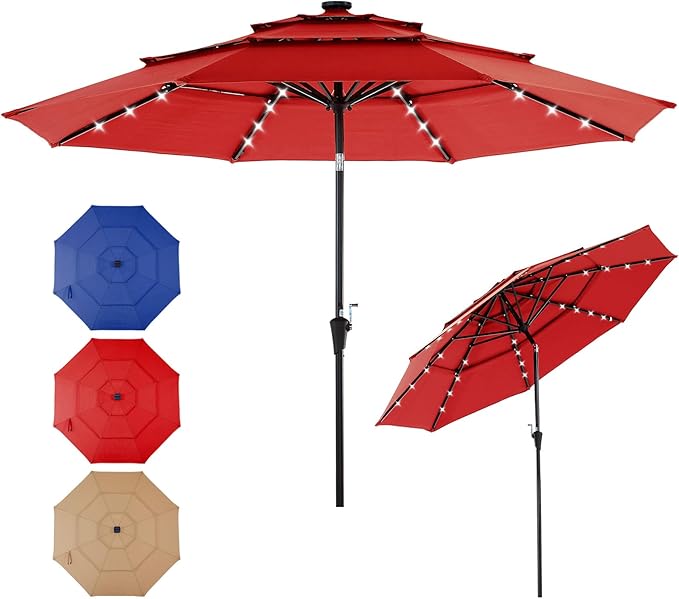 DUMOS LED Outdoor Patio Umbrella 10 FT UV-Resistant Market Umbrella with Tilt Adjustment & Crank Lift, All-Weather Shade for Backyard, Deck, Garden, Beach