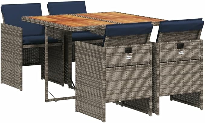 5 Piece Garden Dining Set with Cushions Grey Poly Rattan Outdoor Patio Furniture Space Saving Foldable Chair Acacia Wood Table UV Resistant