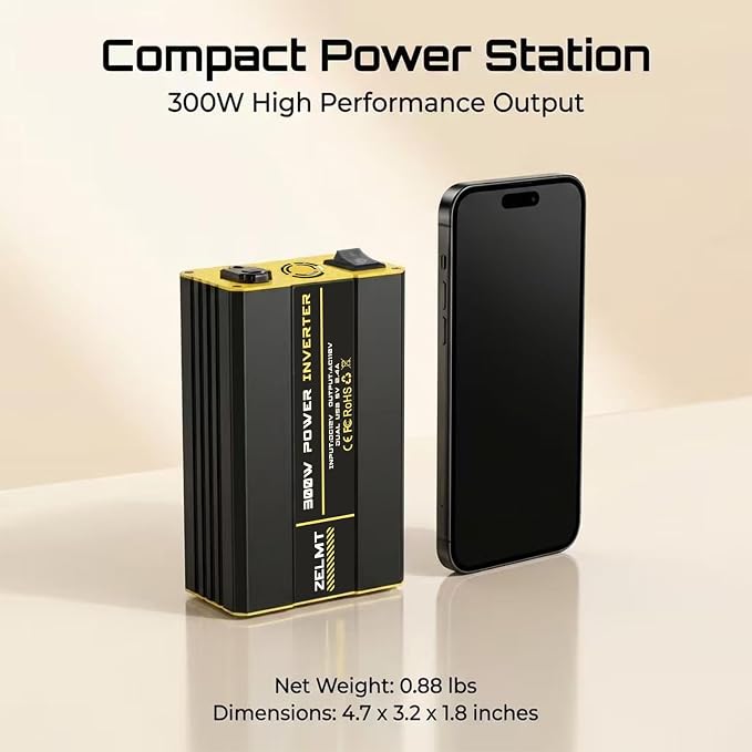300W Car Power Inverter 12V DC to 110V AC Converter, Dual AC Outlets, 4.8A USB Fast Charging, Portable Car Plug Adapter for Laptop, Phone, Tablet, Road Trip & Emergency